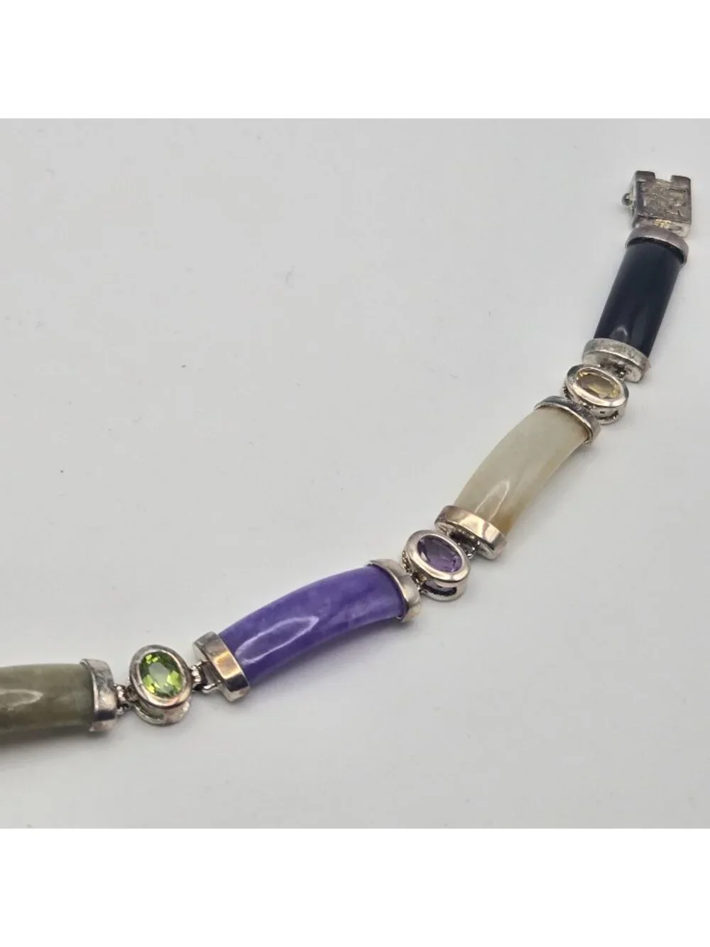 Vintage Sterling Silver Multi-Stone Inlay Bracelet Jade Amethyst Onyx Citrine